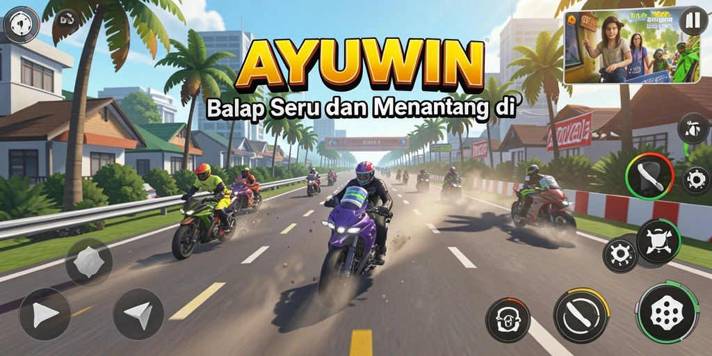 Screenshot utama AYUWIN menampilkan aksi balap yang mendebarkan.