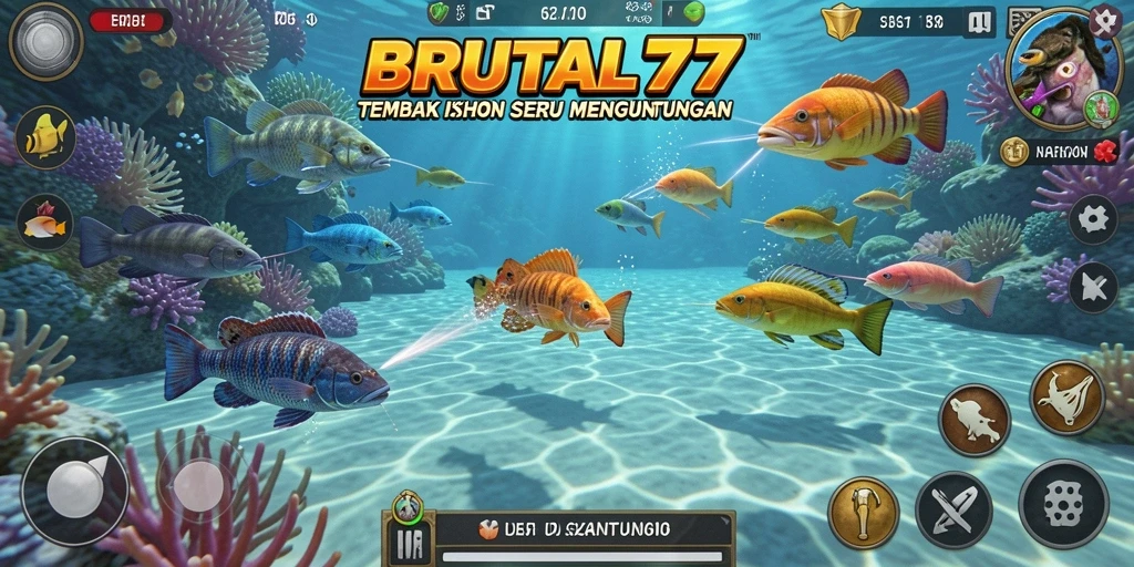 Tampilan gameplay seru dari BRUTAL77 dengan berbagai ikan menunggu untuk ditangkap.