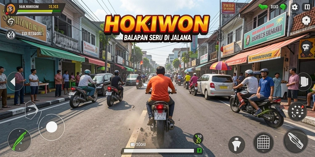 Screenshot gameplay HOKIWON menampilkan aksi balap yang mendebarkan.