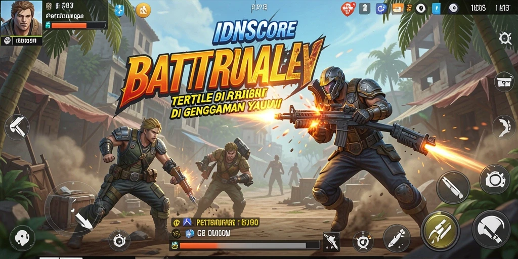 Tampilan gameplay seru di IDNSCORE dengan pertarungan Battle Royale mendebarkan.